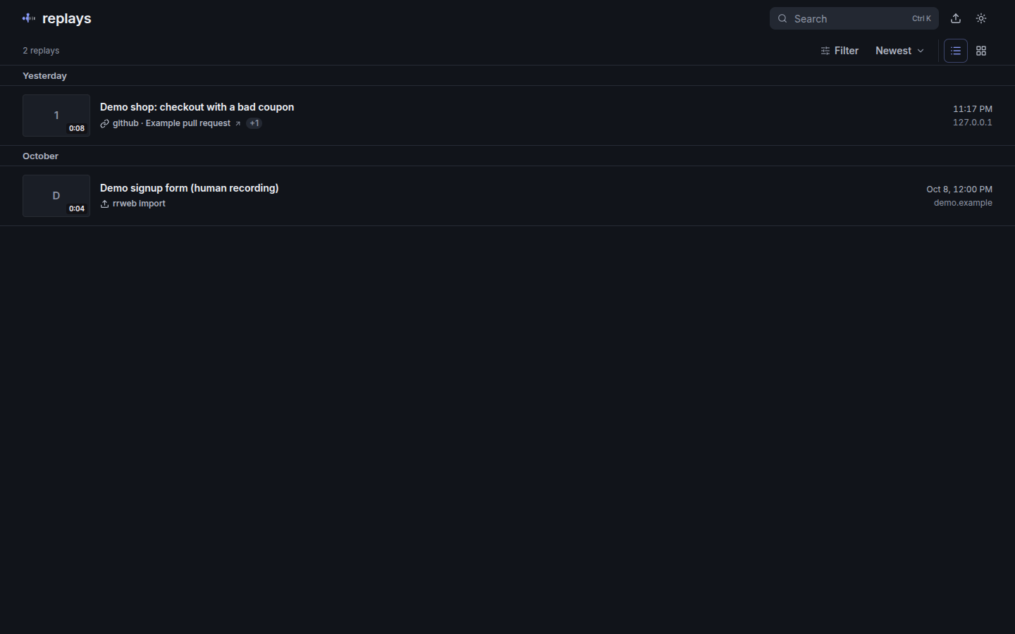 The replay index: a searchable list of recordings with error counts.