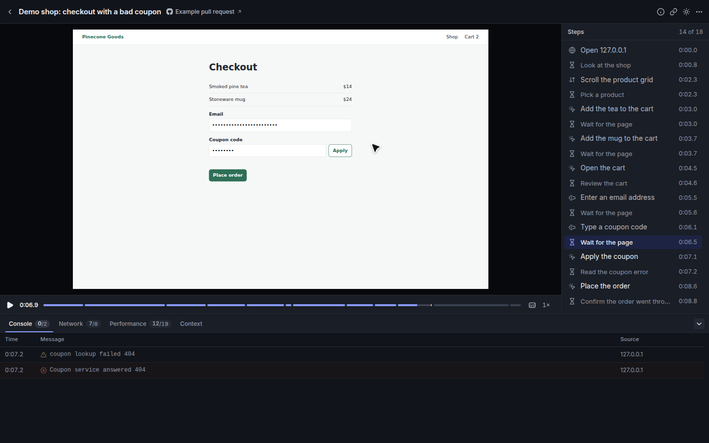 The viewer: player, step timeline, and the console and network panel.